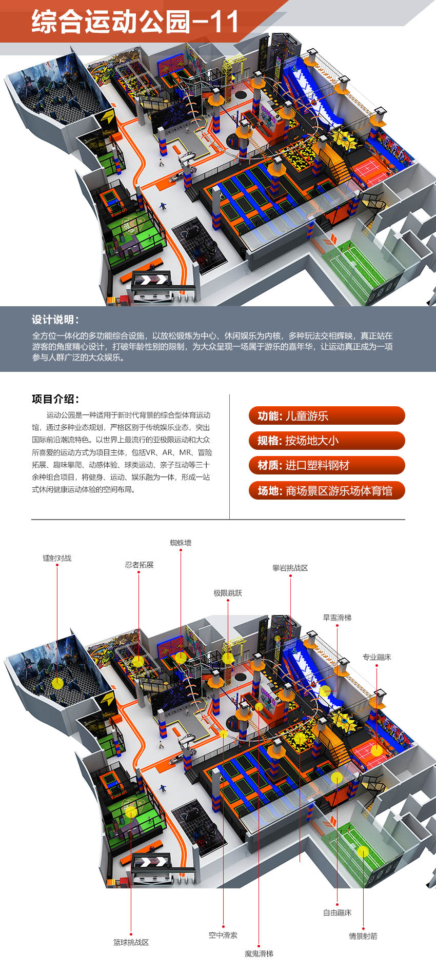 運動公園是一種適用于新時代背景的綜合型體育運動館，通過多種業(yè)態(tài)規(guī)劃，嚴(yán)格區(qū)別于傳統(tǒng)娛樂業(yè)態(tài)，突出國際前沿潮流特色。以世界上最流行的亞極限運動和大眾所喜愛的運動方式為項目主體，包括VR、AR、MR、冒險拓展、趣味攀爬、動感體驗、球類運動、親子互動等三十余種組合項目，將健身、運動、娛樂融為一體，形成一站式休閑健康運動體驗的空間布局。